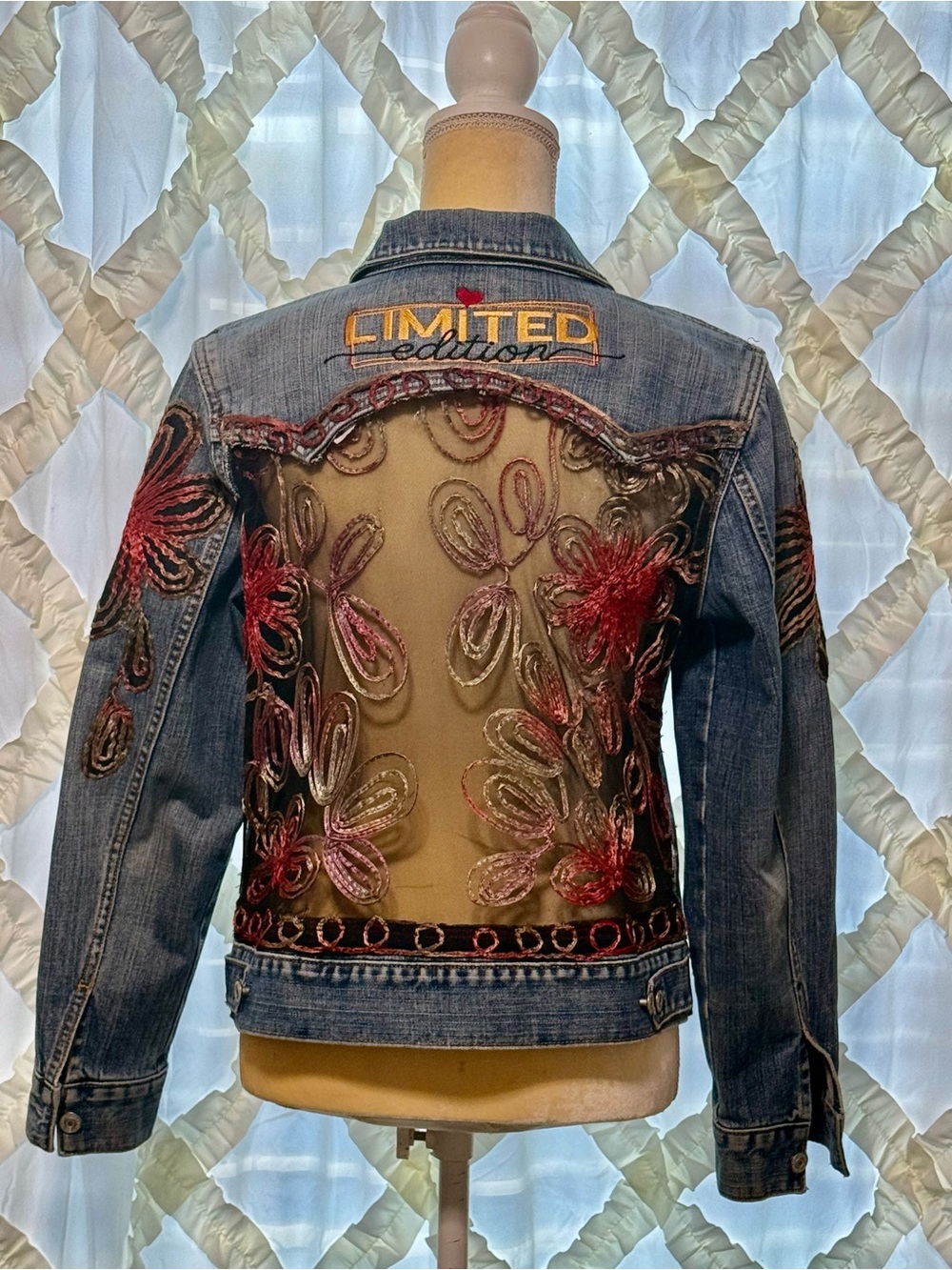 Upcycle Jean Jacket with ribbon flowers and embroidered back yoke